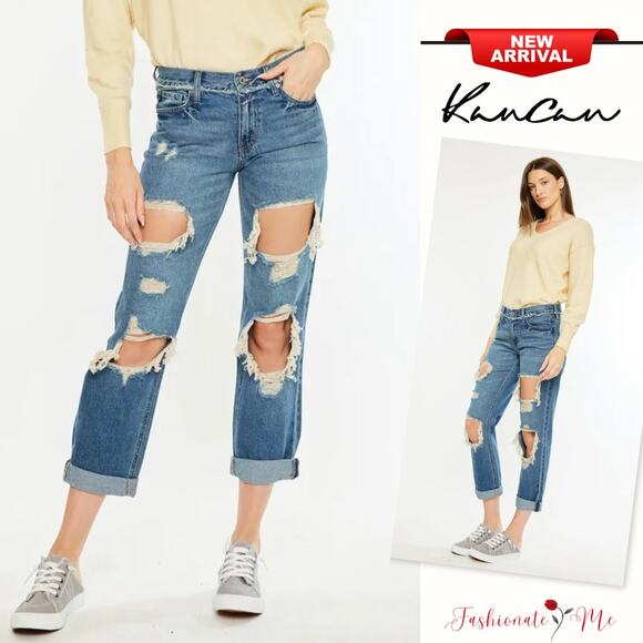 KanCan Mid Rise Heavy Distressed Frayed Waist Medium Wash True Boyfriend Jeans